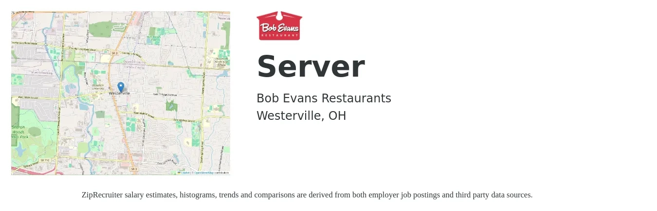 Bob Evans Restaurants job posting for a Server in Westerville, OH with a salary of $10 to $17 Hourly with a map of Westerville location.