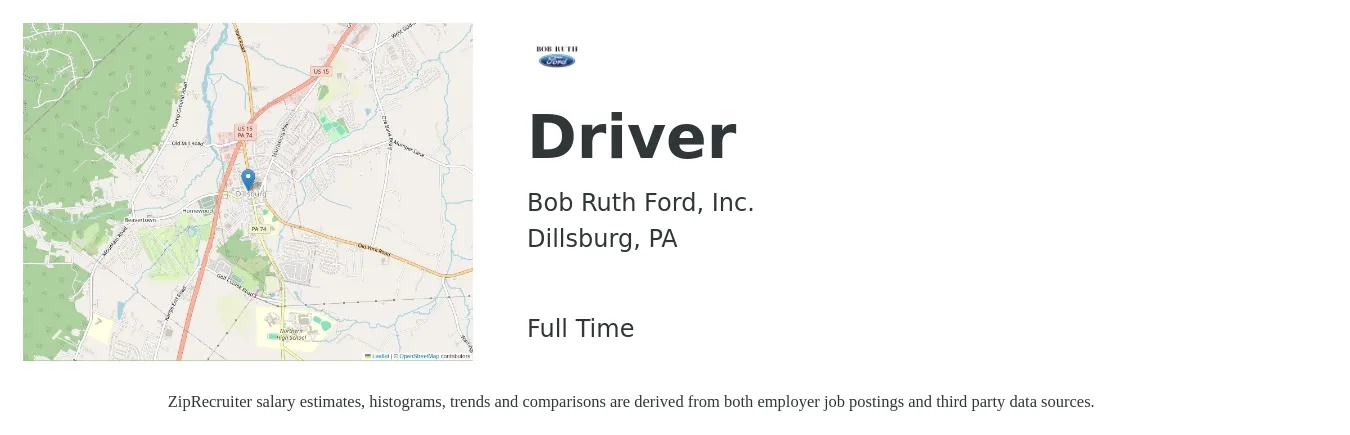 Bob Ruth Ford, Inc. job posting for a Driver in Dillsburg, PA with a salary of $14 to $19 Hourly with a map of Dillsburg location.