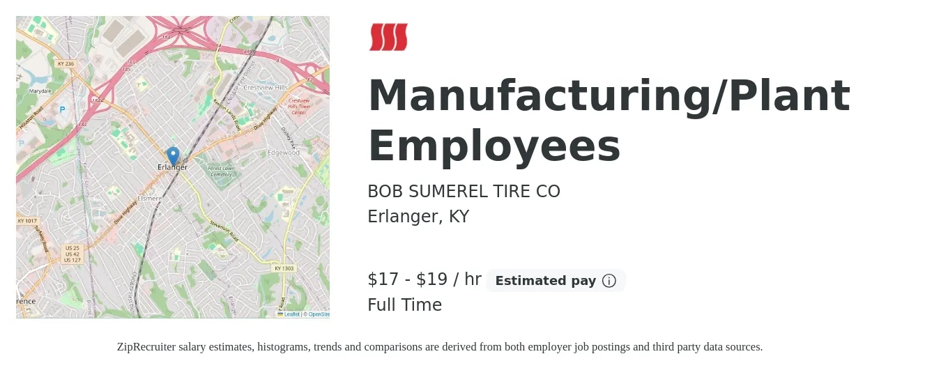 BOB SUMEREL TIRE CO job posting for a Manufacturing/Plant Employees in Erlanger, KY with a salary of $18 to $20 Hourly with a map of Erlanger location.