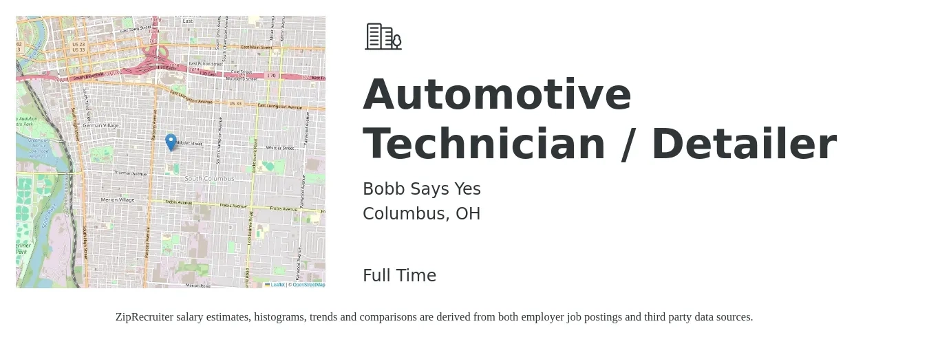 Bobb Says Yes job posting for a Automotive Technician / Detailer in Columbus, OH with a salary of $15 to $21 Hourly with a map of Columbus location.