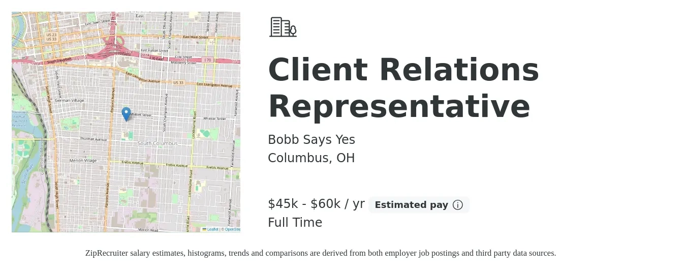 Bobb Says Yes job posting for a Client Relations Representative in Columbus, OH with a salary of $45,000 to $60,000 Yearly with a map of Columbus location.