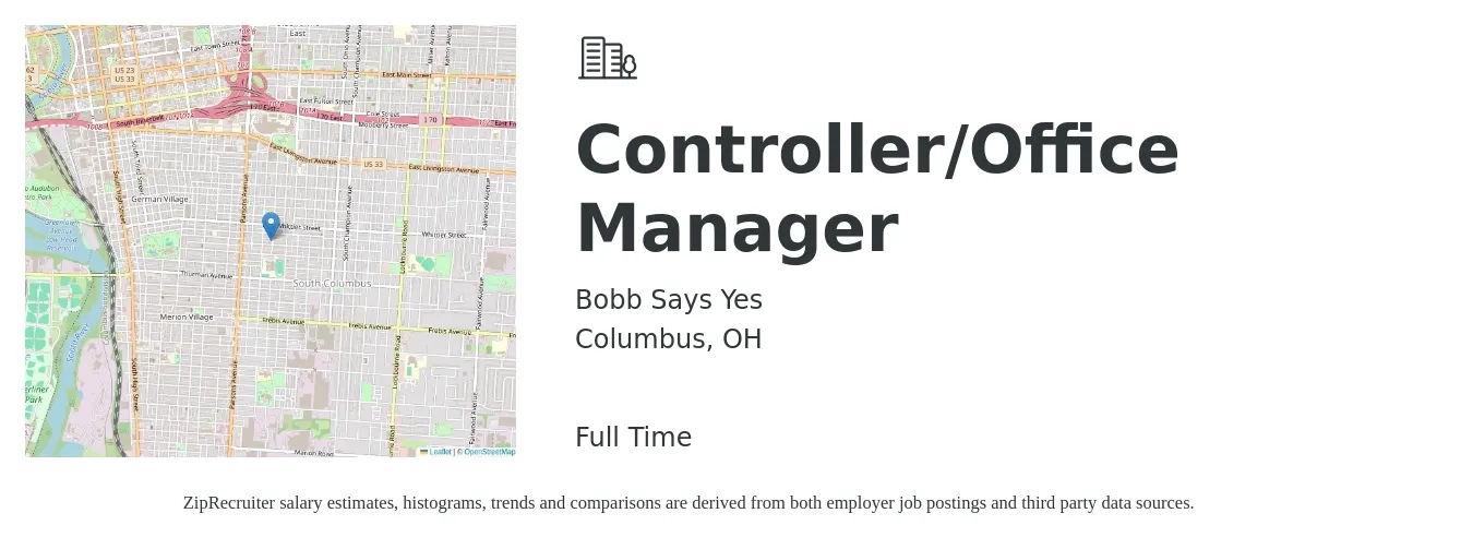Bobb Says Yes job posting for a Controller/Office Manager in Columbus, OH with a salary of $38,600 to $57,000 Yearly with a map of Columbus location.