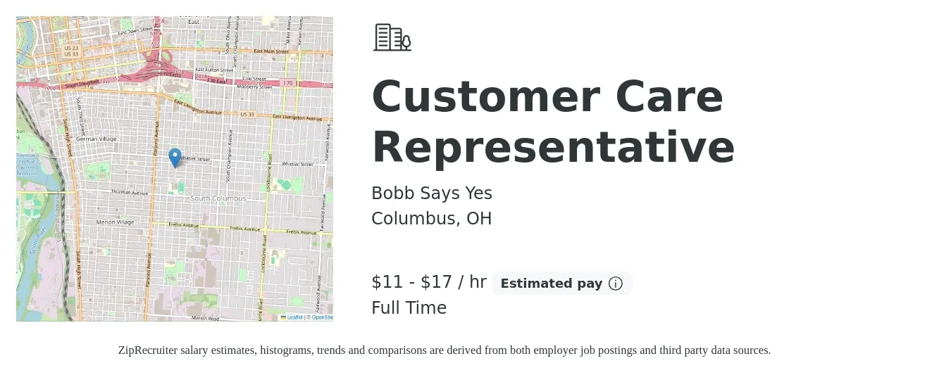 Bobb Says Yes job posting for a Customer Care Representative in Columbus, OH with a salary of $12 to $18 Hourly with a map of Columbus location.