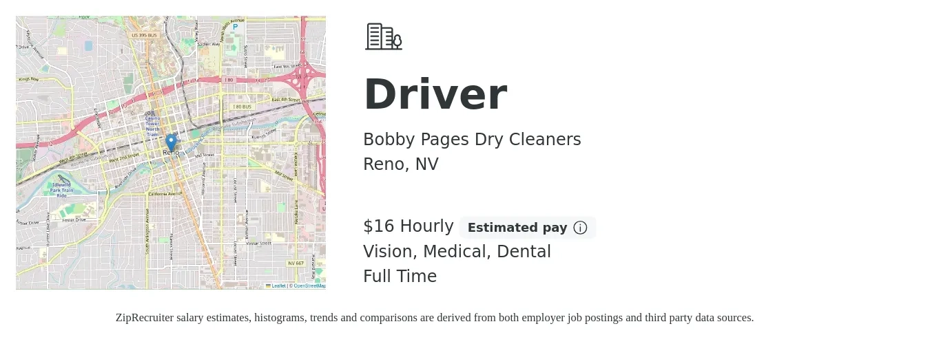 Bobby Pages Dry Cleaners job posting for a Driver in Reno, NV with a salary of $17 Hourly and benefits including dental, medical, and vision with a map of Reno location.