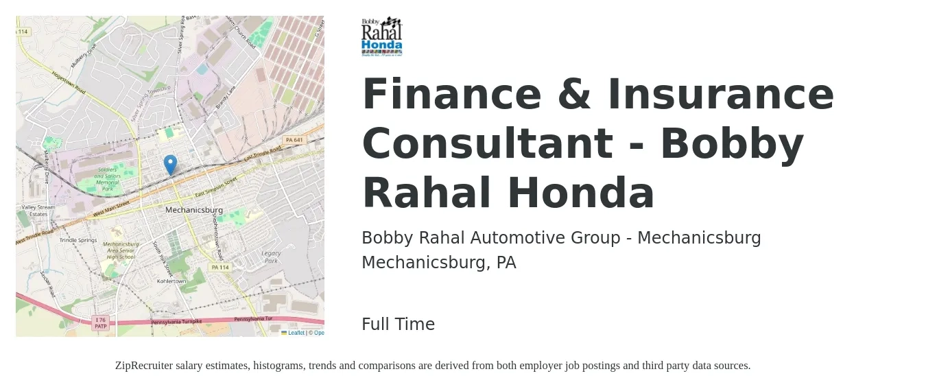 Bobby Rahal Automotive Group - Mechanicsburg job posting for a Finance & Insurance Consultant - Bobby Rahal Honda in Mechanicsburg, PA with a salary of $55 to $81 Hourly with a map of Mechanicsburg location.