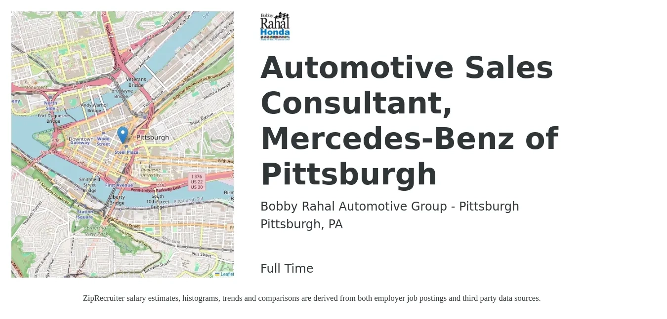 Bobby Rahal Automotive Group - Pittsburgh job posting for a Automotive Sales Consultant, Mercedes-Benz of Pittsburgh in Pittsburgh, PA with a salary of $39,800 to $77,700 Yearly with a map of Pittsburgh location.