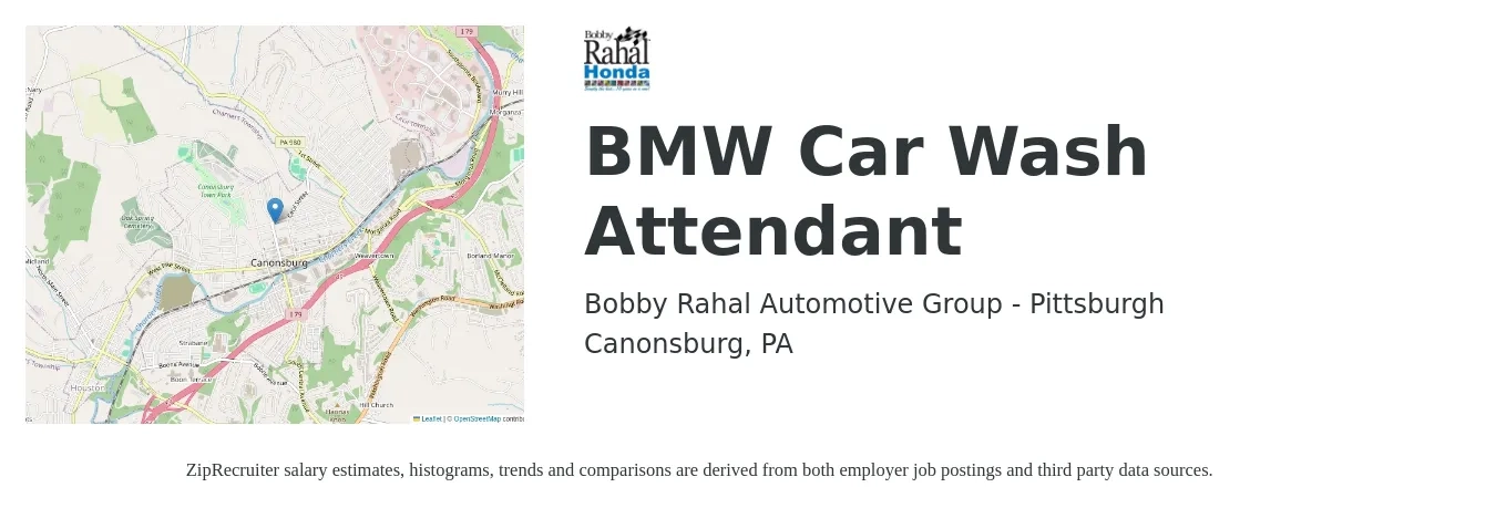 Bobby Rahal Automotive Group - Pittsburgh job posting for a BMW Car Wash Attendant in Canonsburg, PA with a salary of $12 to $15 Hourly with a map of Canonsburg location.
