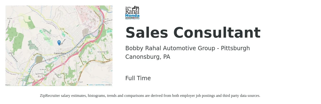 Bobby Rahal Automotive Group - Pittsburgh job posting for a Sales Consultant in Canonsburg, PA with a salary of $37,200 to $73,100 Yearly with a map of Canonsburg location.