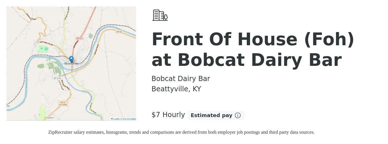 Bobcat Dairy Bar job posting for a Front Of House (Foh) at Bobcat Dairy Bar in Beattyville, KY with a salary of $8 Hourly with a map of Beattyville location.