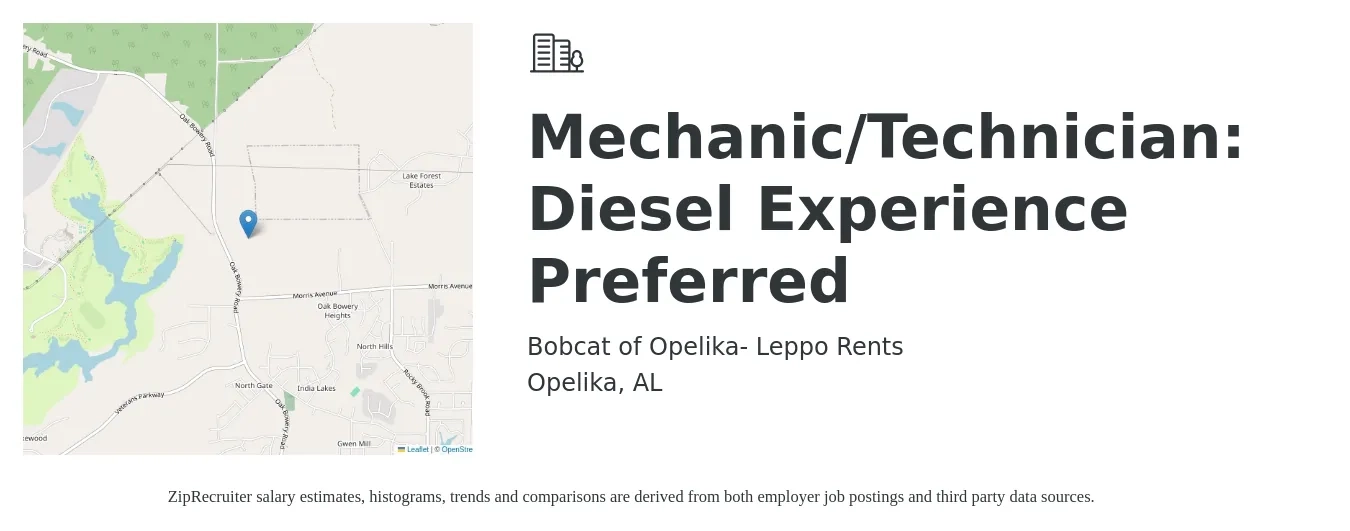 Bobcat of Opelika- Leppo Rents job posting for a Mechanic/Technician: Diesel Experience Preferred in Opelika, AL with a salary of $22 to $28 Hourly with a map of Opelika location.