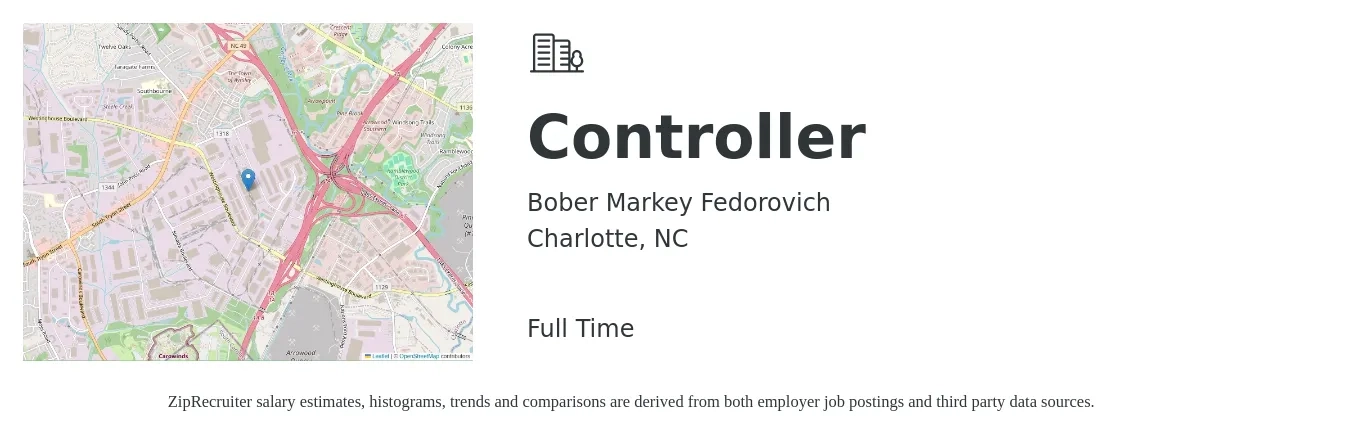 Bober Markey Fedorovich job posting for a Controller in Charlotte, NC with a salary of $94,700 to $135,300 Yearly with a map of Charlotte location.
