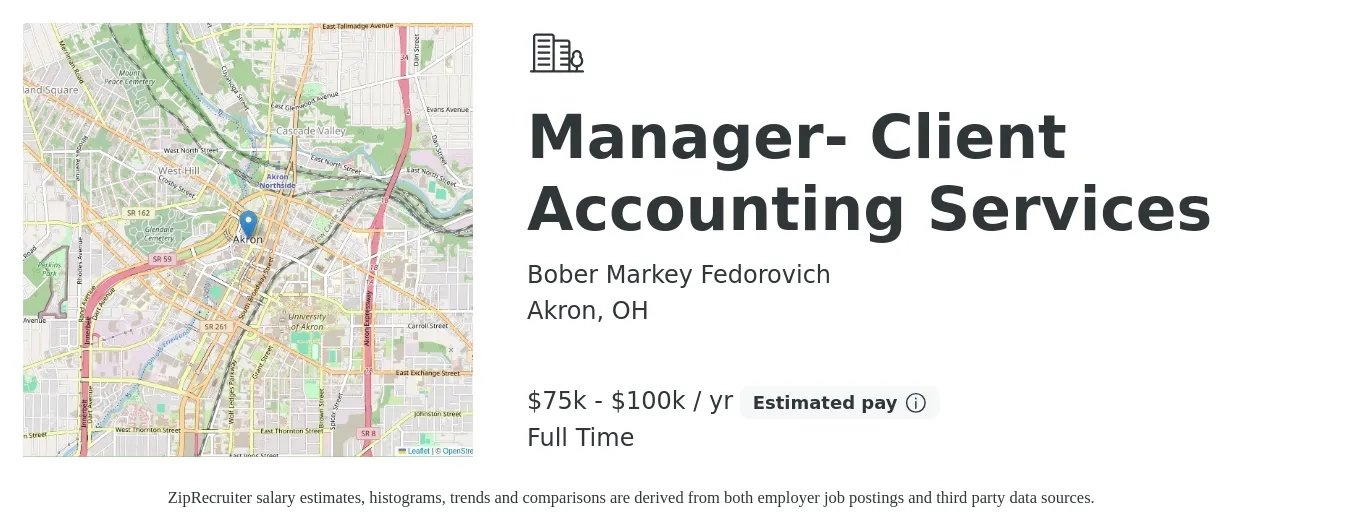 Bober Markey Fedorovich job posting for a Manager- Client Accounting Services in Akron, OH with a salary of $75,000 to $100,000 Yearly with a map of Akron location.