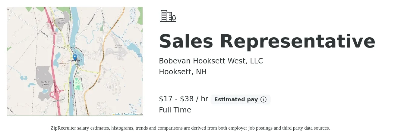 Bobevan Hooksett West, LLC job posting for a Sales Representative in Hooksett, NH with a salary of $18 to $40 Hourly with a map of Hooksett location.