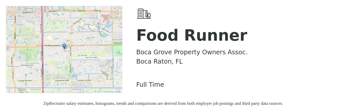 Boca Grove Property Owners Assoc. job posting for a Food Runner in Boca Raton, FL with a salary of $10 to $16 Hourly with a map of Boca Raton location.
