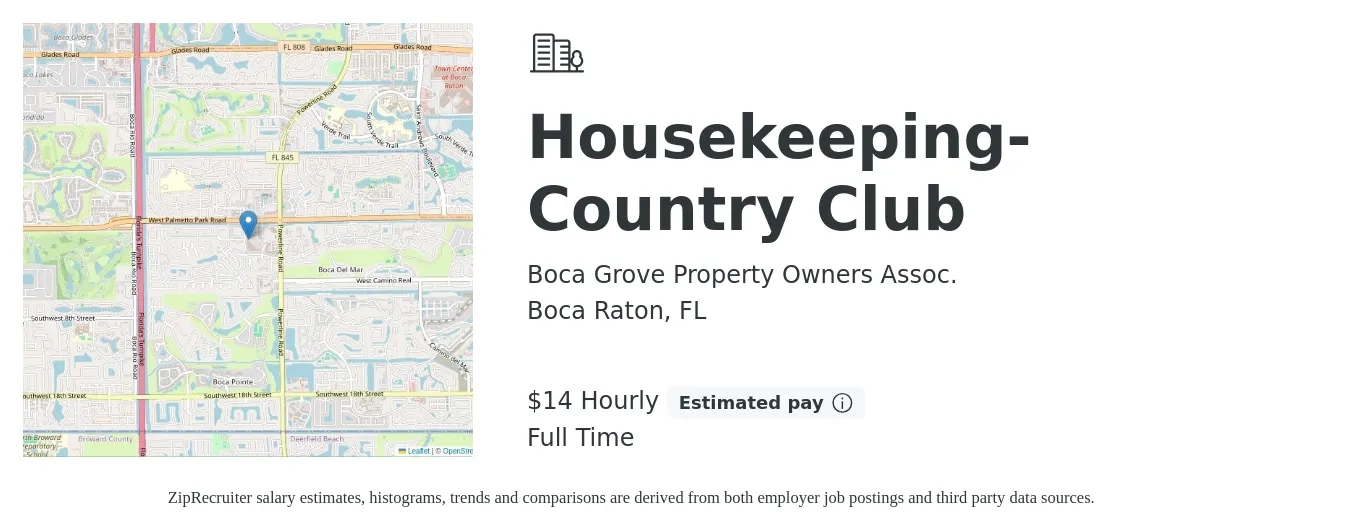 Boca Grove Property Owners Assoc. job posting for a Housekeeping- Country Club in Boca Raton, FL with a salary of $15 Hourly with a map of Boca Raton location.