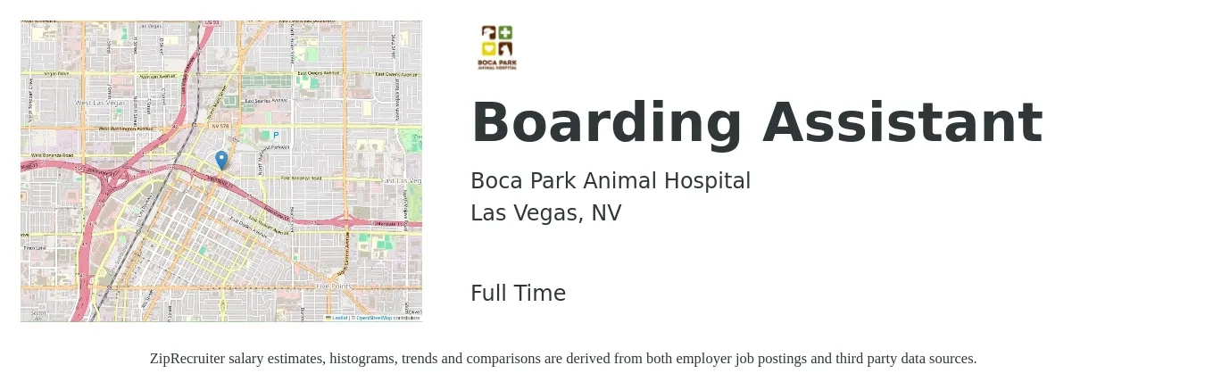 Boca Park Animal Hospital job posting for a Boarding Assistant in Las Vegas, NV with a salary of $14 to $21 Hourly with a map of Las Vegas location.