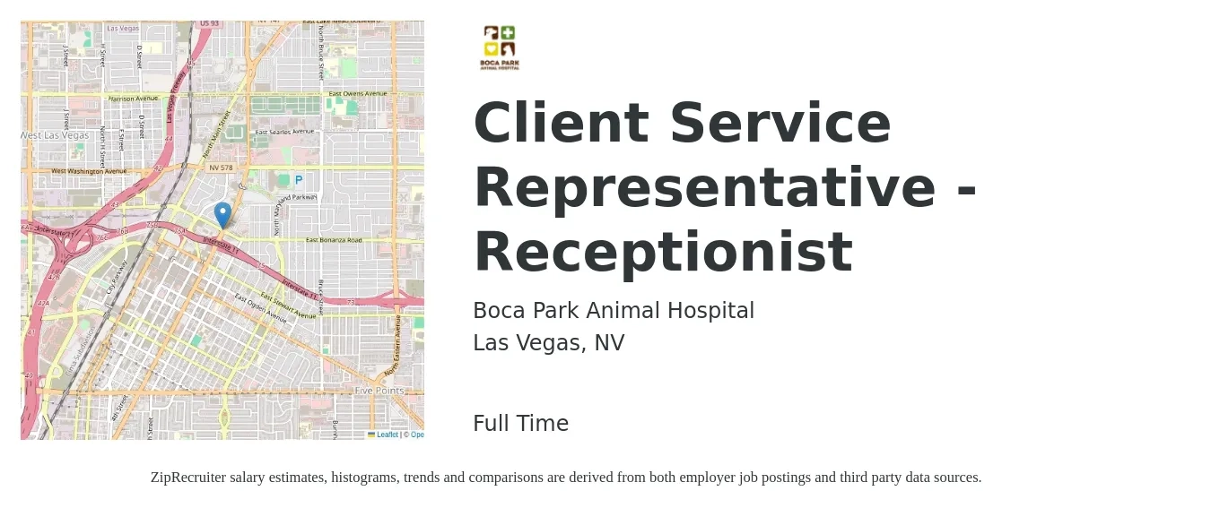 Boca Park Animal Hospital job posting for a Client Service Representative - Receptionist in Las Vegas, NV with a salary of $17 to $20 Hourly with a map of Las Vegas location.