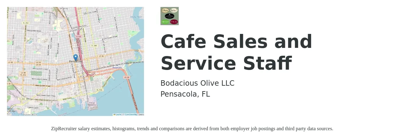 Bodacious Olive LLC job posting for a Cafe Sales and Service Staff in Pensacola, FL with a salary of $14 to $19 Hourly with a map of Pensacola location.