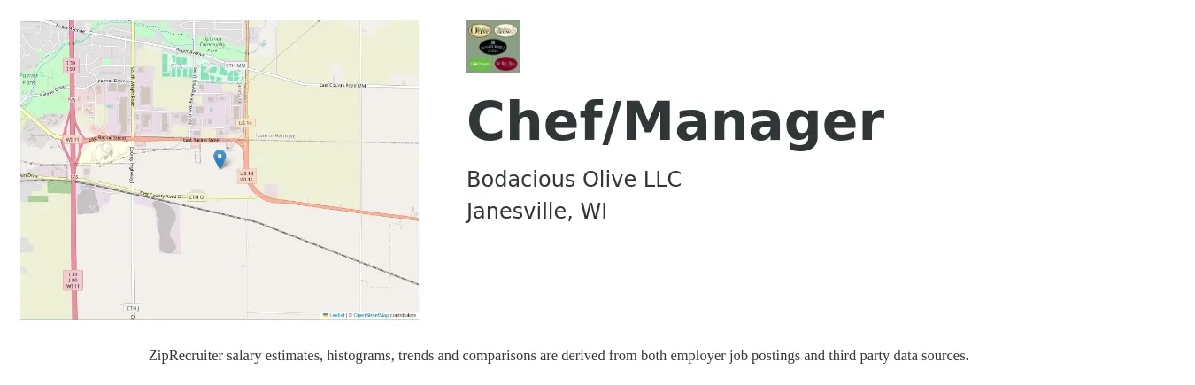 The Bodacious Olive, LLC job posting for a Chef/Manager in Janesville, WI with a salary of $49,200 to $69,800 Yearly with a map of Janesville location.