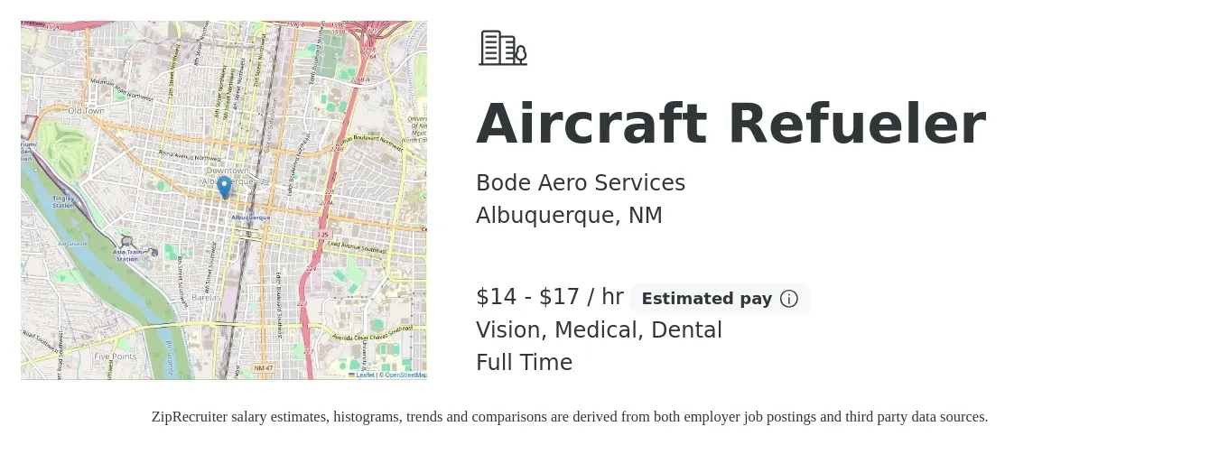 Bode Aero Services job posting for a Aircraft Refueler in Albuquerque, NM with a salary of $16 to $18 Hourly and benefits including pto, retirement, vision, dental, and medical with a map of Albuquerque location.