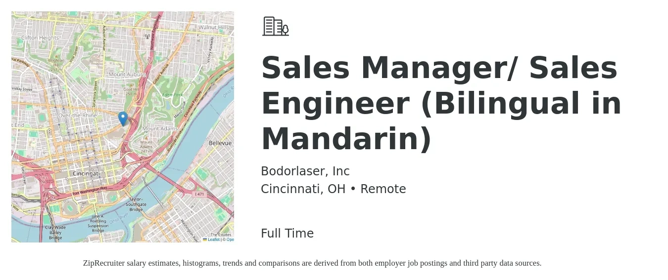 Bodorlaser, Inc job posting for a Sales Manager/ Sales Engineer (Bilingual in Mandarin) in Cincinnati, OH with a salary of $60,000 to $90,000 Yearly with a map of Cincinnati location.