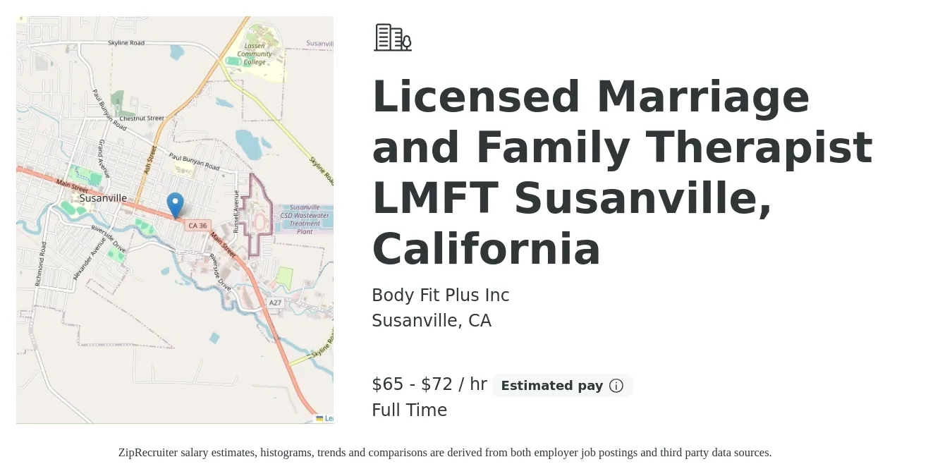 Body Fit Plus Inc job posting for a Licensed Marriage and Family Therapist LMFT Susanville, California in Susanville, CA with a salary of $68 to $75 Hourly with a map of Susanville location.