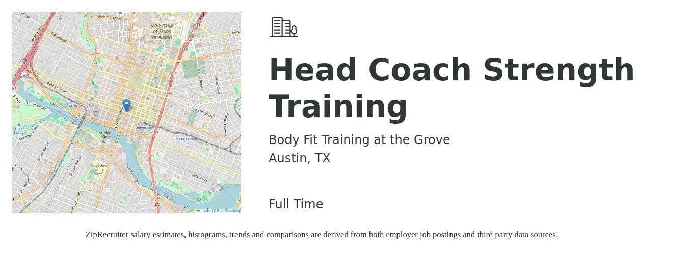 Body Fit Training at the Grove job posting for a Head Coach Strength Training in Austin, TX with a salary of $19 to $24 Hourly with a map of Austin location.