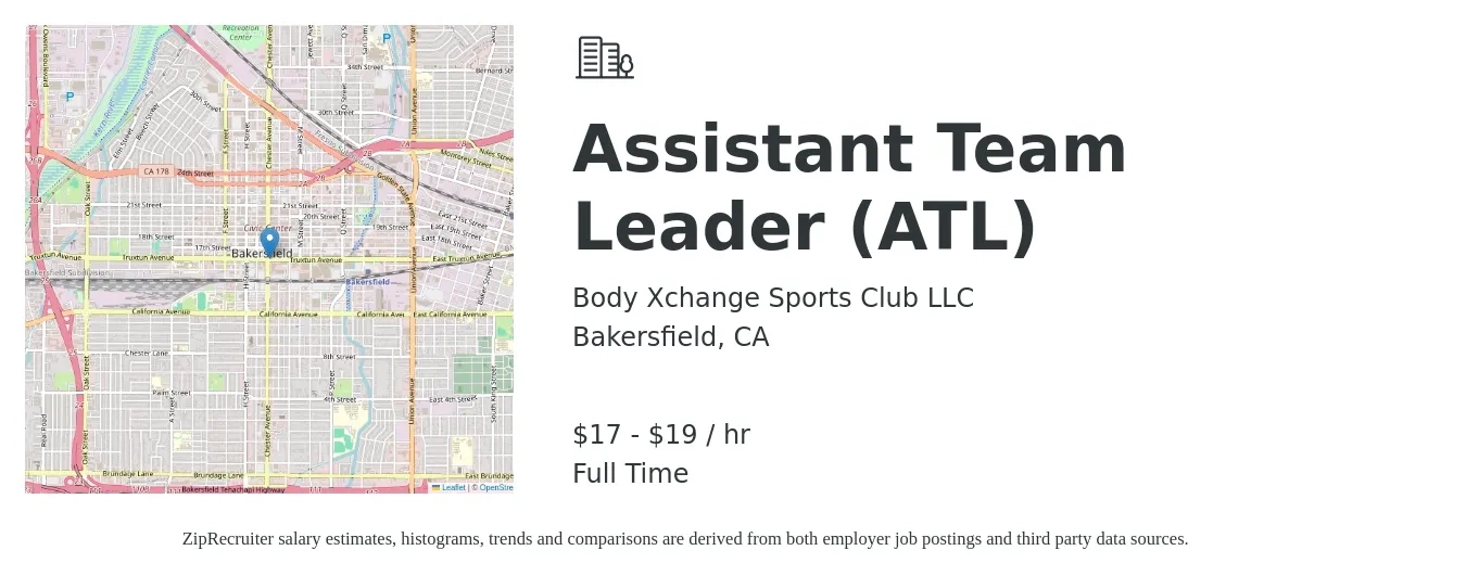 Body Xchange Sports Club LLC job posting for a Assistant Team Leader (ATL) in Bakersfield, CA with a salary of $18 to $20 Hourly with a map of Bakersfield location.