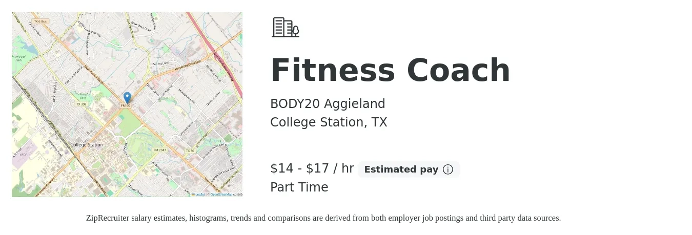BODY20 Aggieland job posting for a Fitness Coach in College Station, TX with a salary of $15 to $18 Hourly with a map of College Station location.