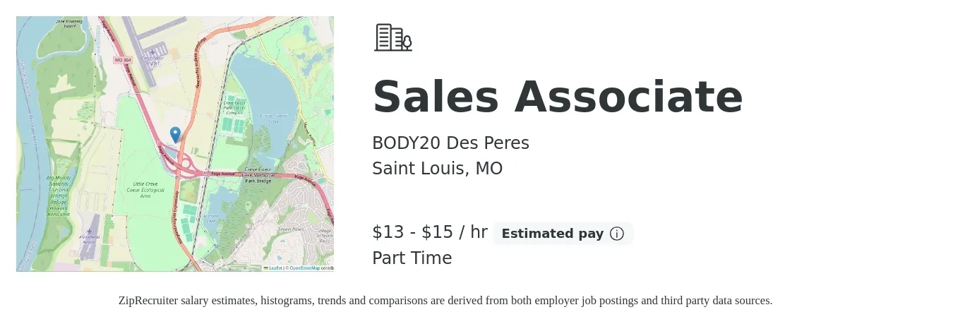 BODY20 Des Peres job posting for a Sales Associate in Saint Louis, MO with a salary of $14 to $16 Hourly with a map of Saint Louis location.