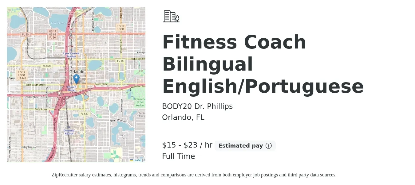 BODY20 Dr. Phillips job posting for a Fitness Coach Bilingual English/Portuguese in Orlando, FL with a salary of $16 to $24 Hourly with a map of Orlando location.
