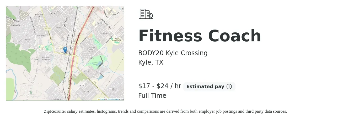 BODY20 Kyle Crossing job posting for a Fitness Coach in Kyle, TX with a salary of $18 to $25 Hourly with a map of Kyle location.