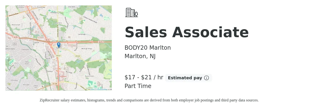 BODY20 Marlton job posting for a Sales Associate in Marlton, NJ with a salary of $18 to $22 Hourly with a map of Marlton location.