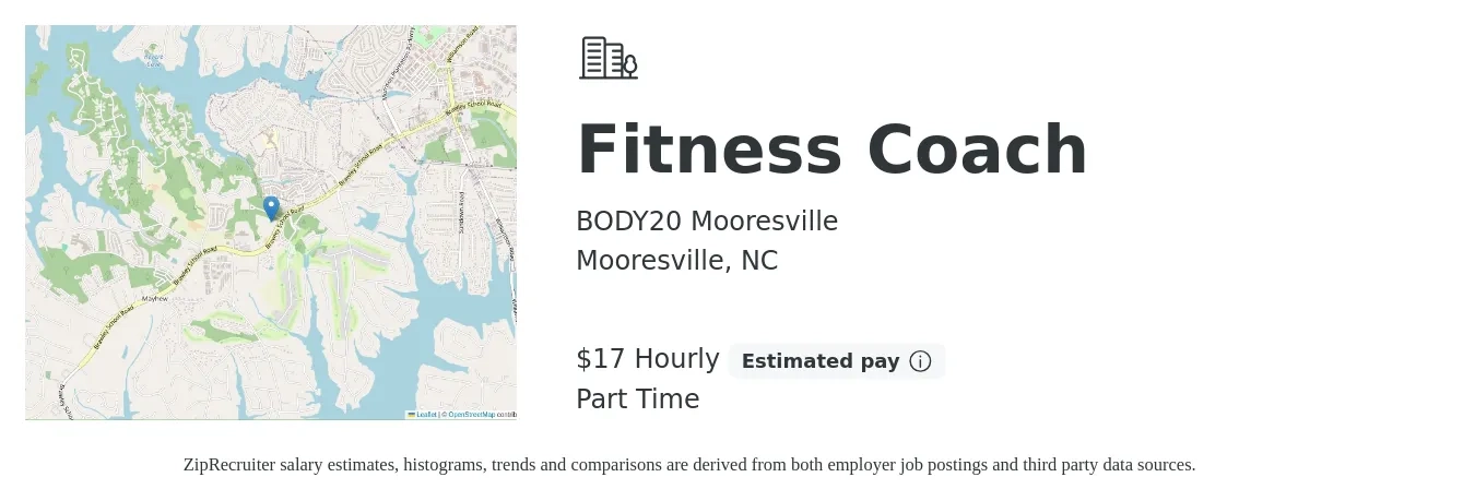 BODY20 Mooresville job posting for a Fitness Coach in Mooresville, NC with a salary of $18 Hourly with a map of Mooresville location.