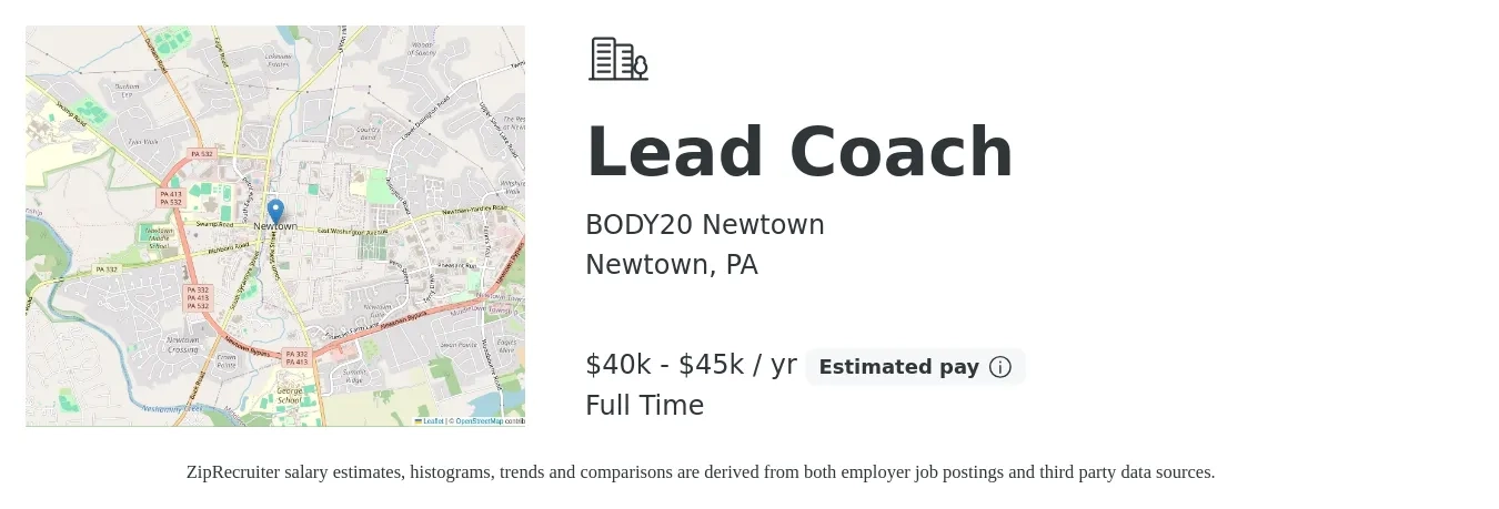 BODY20 Newtown job posting for a Lead Coach in Newtown, PA with a salary of $40,000 to $45,000 Yearly with a map of Newtown location.