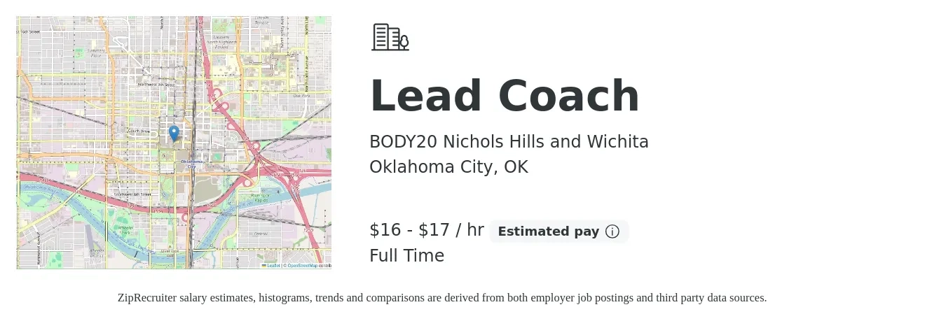 BODY20 Nichols Hills and Wichita job posting for a Lead Coach in Oklahoma City, OK with a salary of $17 to $18 Hourly with a map of Oklahoma City location.