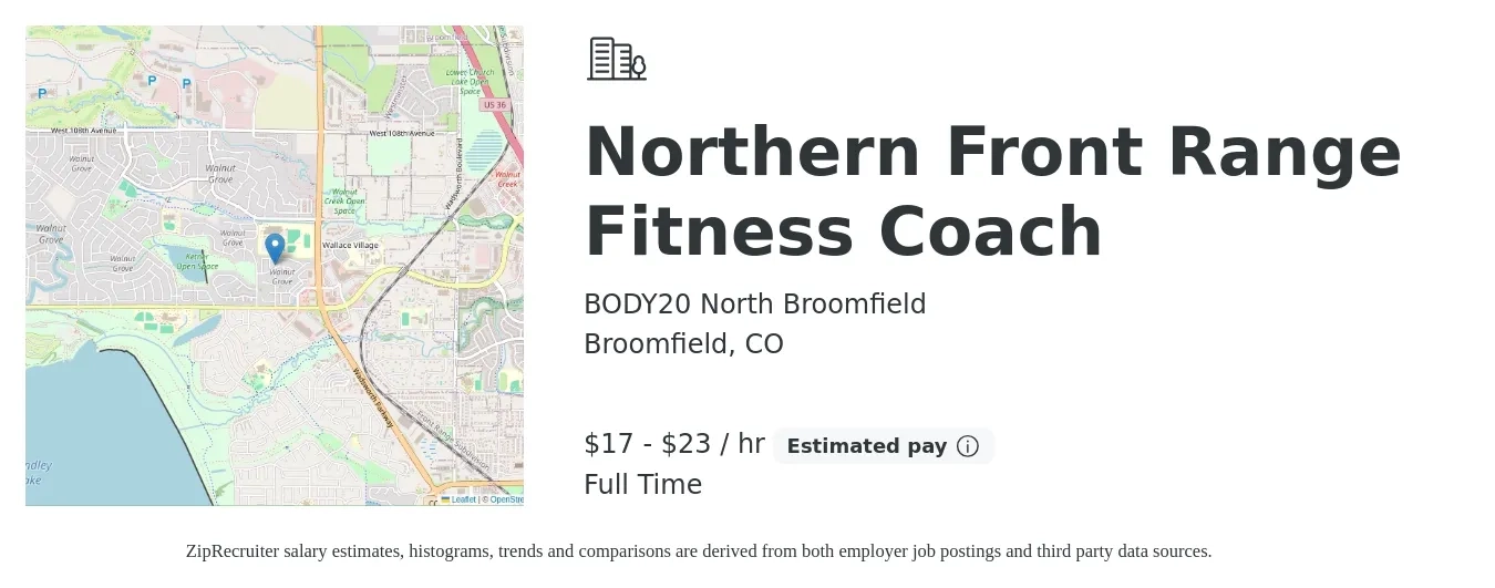 BODY20 North Broomfield job posting for a Northern Front Range Fitness Coach in Broomfield, CO with a salary of $18 to $24 Hourly with a map of Broomfield location.