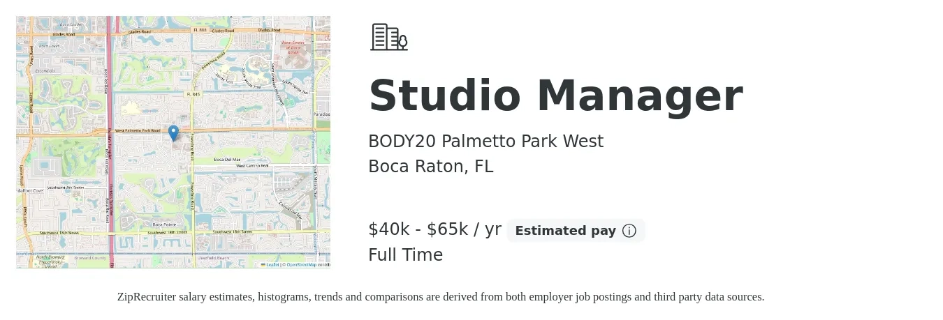 BODY20 Palmetto Park West job posting for a Studio Manager in Boca Raton, FL with a salary of $40,000 to $65,000 Yearly with a map of Boca Raton location.