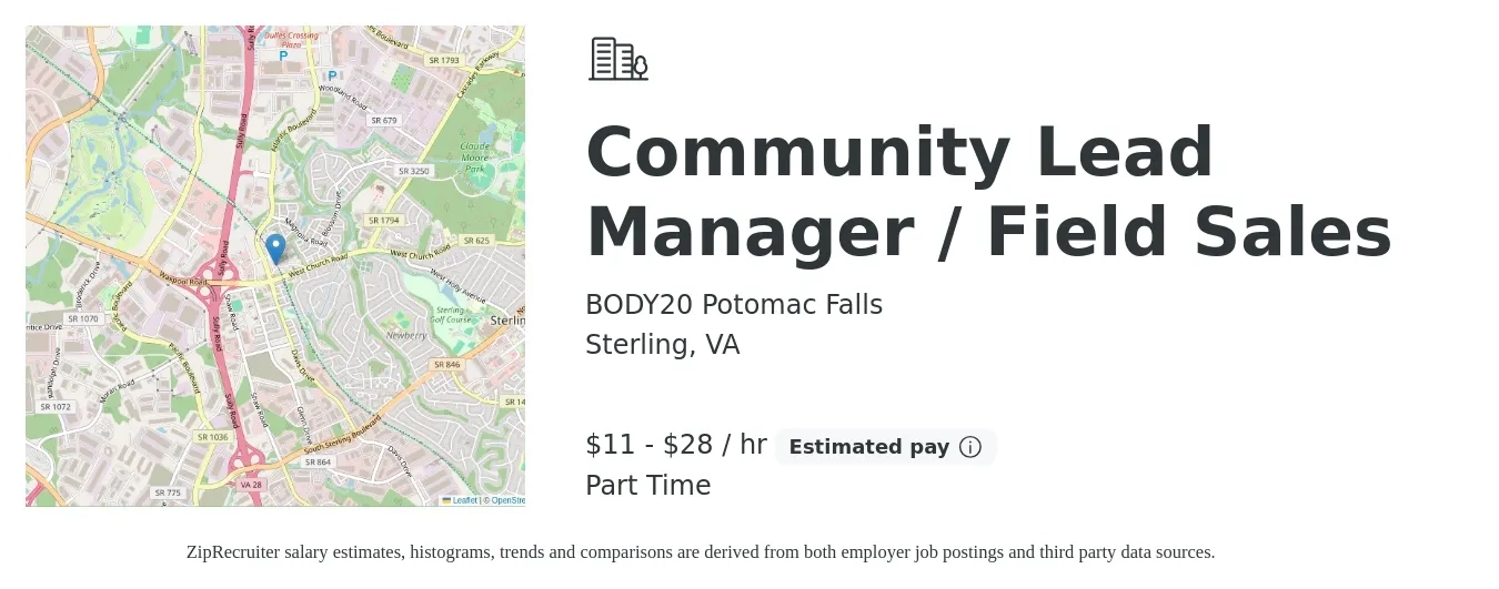 BODY20 Potomac Falls job posting for a Community Lead Manager / Field Sales in Sterling, VA with a salary of $12 to $30 Hourly with a map of Sterling location.