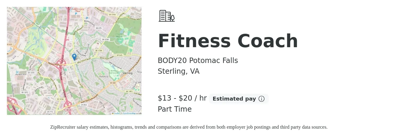 BODY20 Potomac Falls job posting for a Fitness Coach in Sterling, VA with a salary of $14 to $21 Hourly with a map of Sterling location.