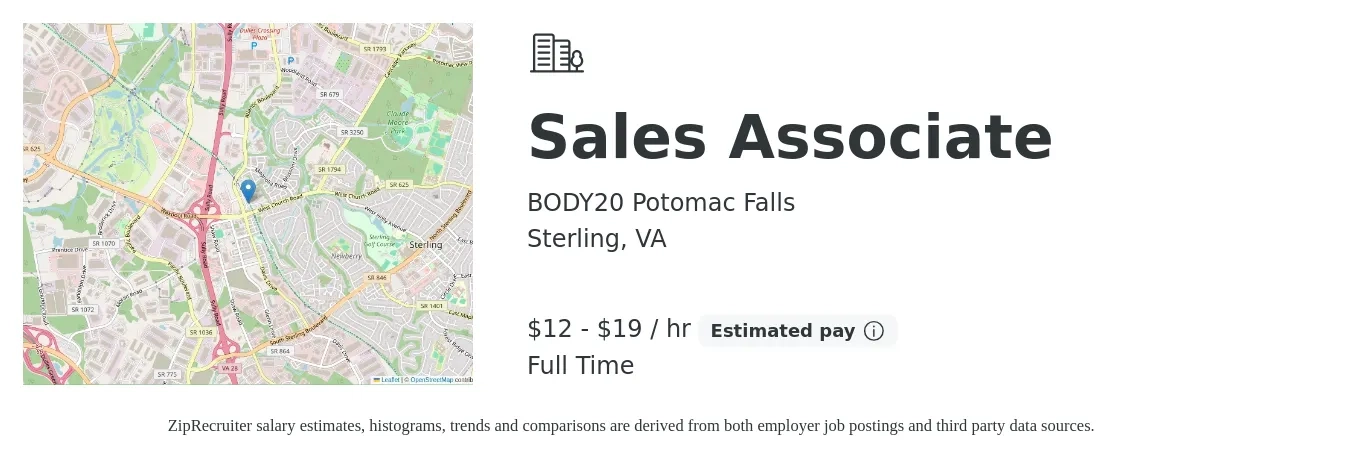 BODY20 Potomac Falls job posting for a Sales Associate in Sterling, VA with a salary of $13 to $20 Hourly with a map of Sterling location.