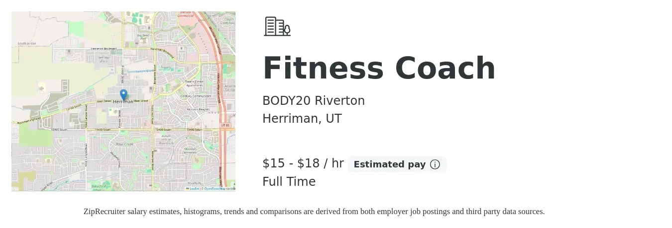BODY20 Riverton job posting for a Fitness Coach in Herriman, UT with a salary of $16 to $19 Hourly with a map of Herriman location.