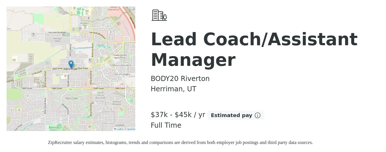 BODY20 Riverton job posting for a Lead Coach/Assistant Manager in Herriman, UT with a salary of $37,000 to $45,000 Yearly with a map of Herriman location.