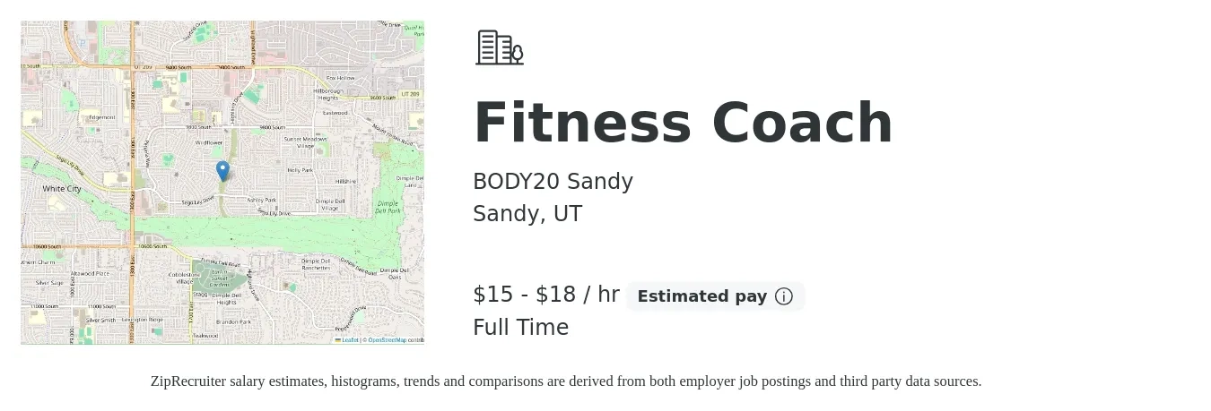 BODY20 Sandy job posting for a Fitness Coach in Sandy, UT with a salary of $16 to $19 Hourly with a map of Sandy location.