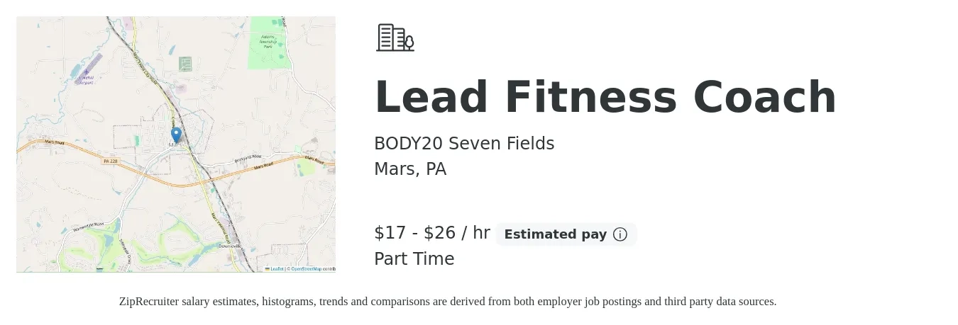 BODY20 Seven Fields job posting for a Lead Fitness Coach in Mars, PA with a salary of $18 to $28 Hourly with a map of Mars location.