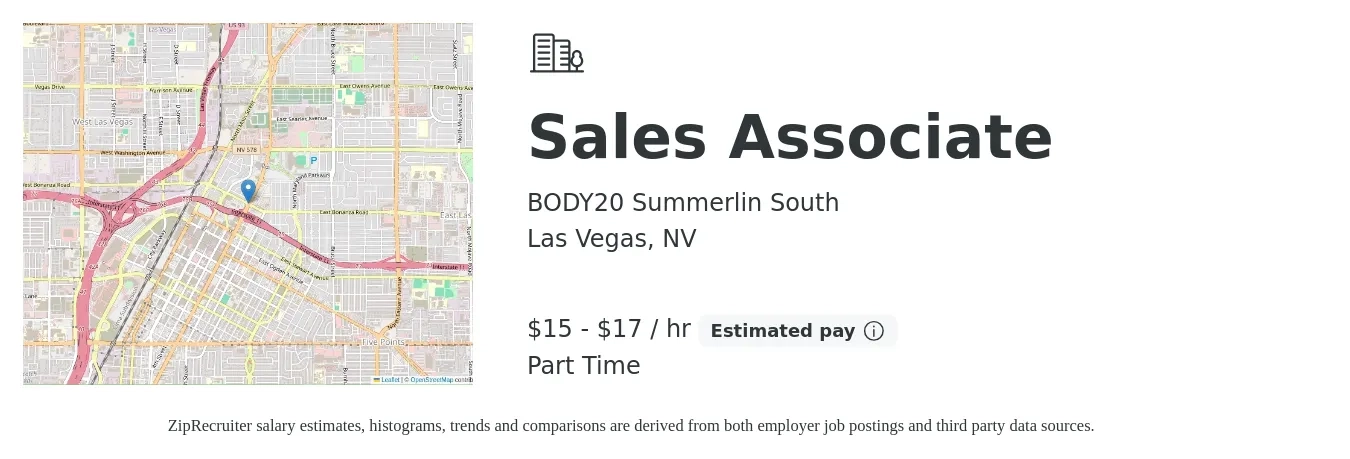BODY20 Summerlin South job posting for a Sales Associate in Las Vegas, NV with a salary of $16 to $18 Hourly with a map of Las Vegas location.