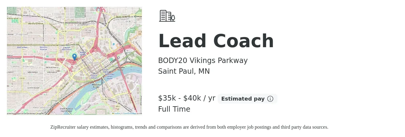 BODY20 Vikings Parkway job posting for a Lead Coach in Saint Paul, MN with a salary of $35,000 to $40,000 Yearly with a map of Saint Paul location.