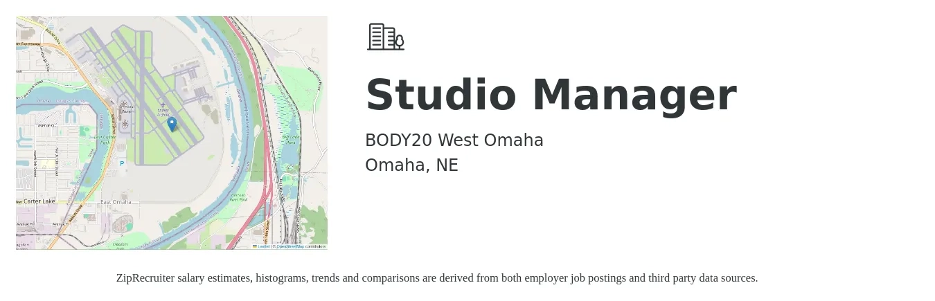 BODY20 West Omaha job posting for a Studio Manager in Omaha, NE with a salary of $45,000 to $65,000 Yearly with a map of Omaha location.