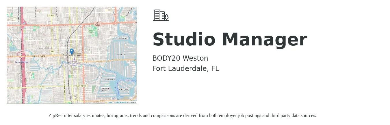 BODY20 Weston job posting for a Studio Manager in Fort Lauderdale, FL with a salary of $40,000 to $57,200 Yearly with a map of Fort Lauderdale location.