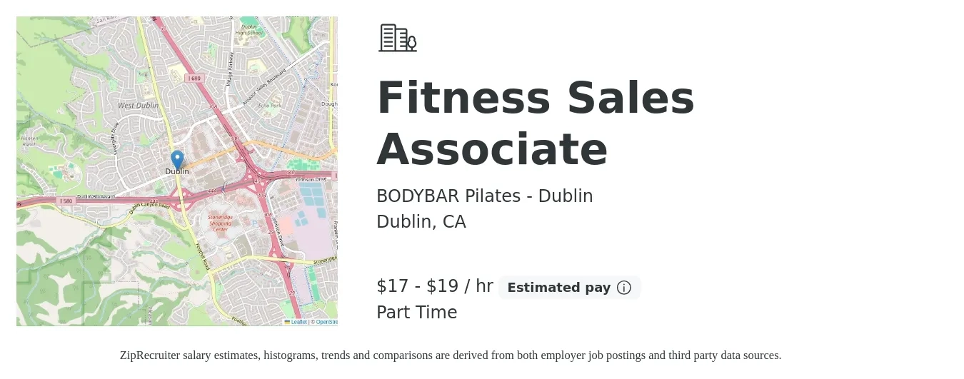BODYBAR Pilates - Dublin job posting for a Fitness Sales Associate in Dublin, CA with a salary of $18 to $20 Hourly with a map of Dublin location.